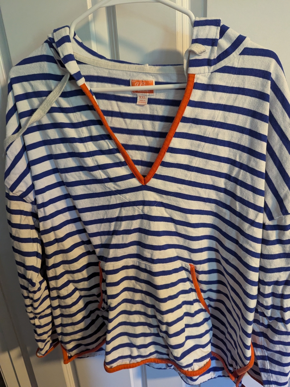 J.Crew Blue & White Striped Womans Hoodie Top with Orange Trim